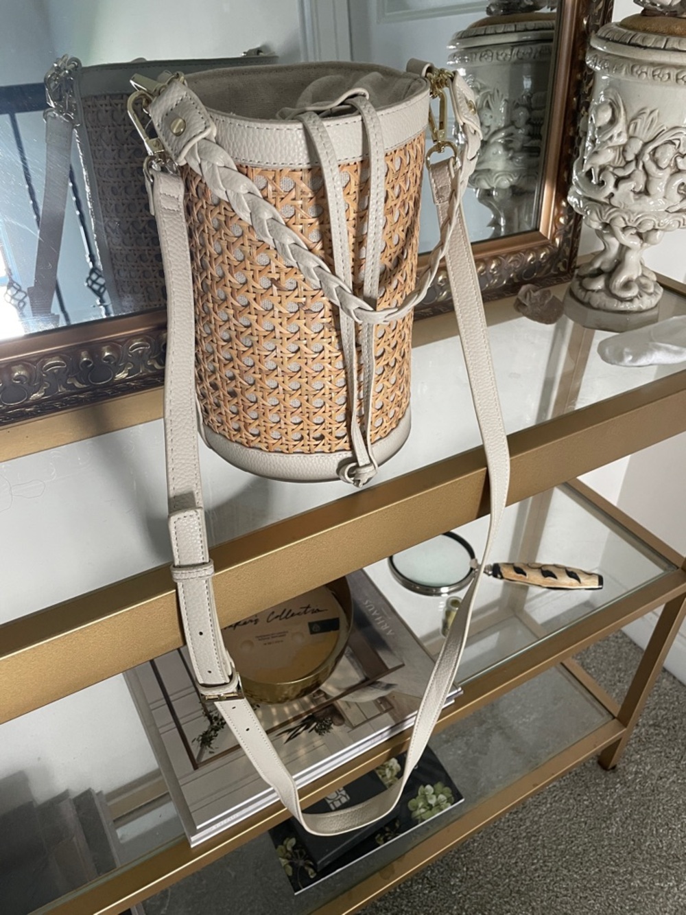 Tommy Bahama  Woven Rattan Bucket Bag with Cream Leather Trim